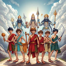 A dynamic illustration showcasing five teenage boys, each representing key characters from the Mahabharata, arranged in a determined formation