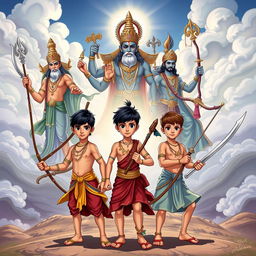 A dynamic illustration showcasing five teenage boys, each representing key characters from the Mahabharata, arranged in a determined formation