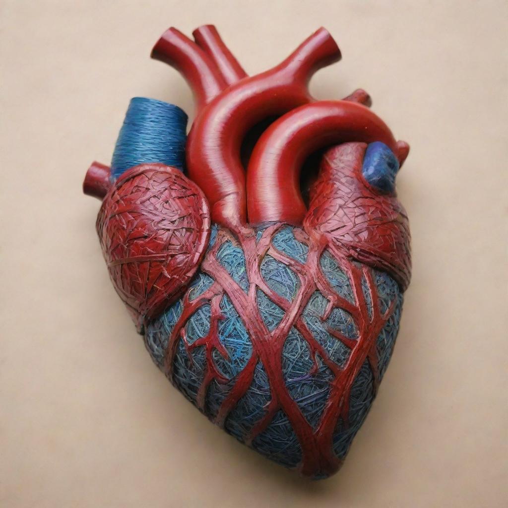 A highly detailed human heart, with its chambers and veins intricately filled with vividly colored traditional Philippine arts such as weaving, dance, and Tattoos.