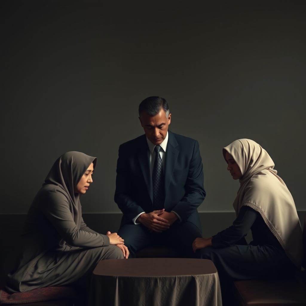 A vividly emotional scene depicting a tall, thin, brown-skinned man engaged in the process of divorcing his wife who is wearing a hijab