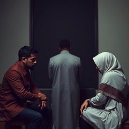 A vividly emotional scene depicting a tall, thin, brown-skinned man engaged in the process of divorcing his wife who is wearing a hijab