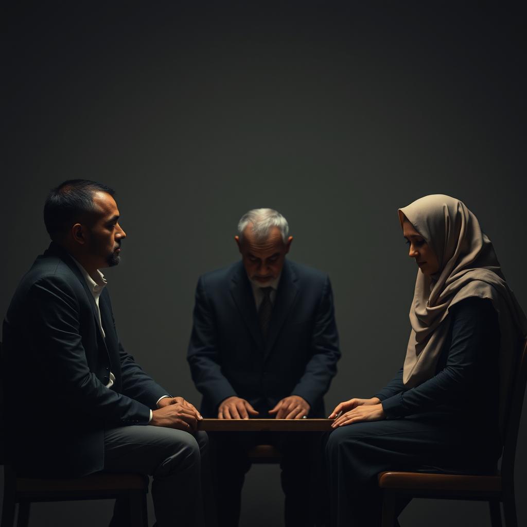 A vividly emotional scene depicting a tall, thin, brown-skinned man engaged in the process of divorcing his wife who is wearing a hijab