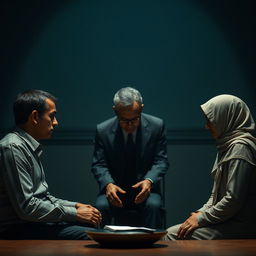 A vividly emotional scene depicting a tall, thin, brown-skinned man engaged in the process of divorcing his wife who is wearing a hijab