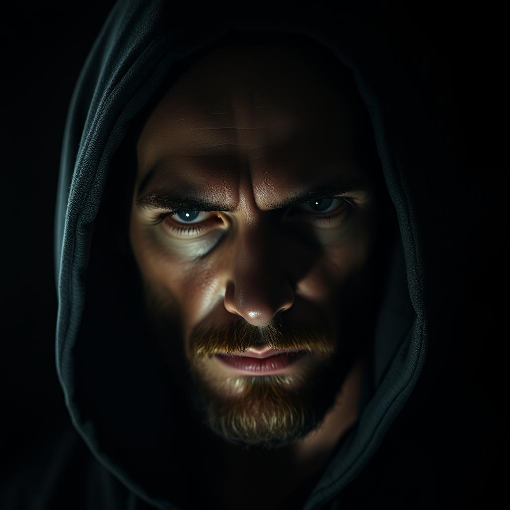 A bald human with a sparse beard, wearing a hood that casts shadows over his mysterious face