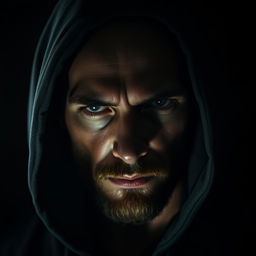 A bald human with a sparse beard, wearing a hood that casts shadows over his mysterious face