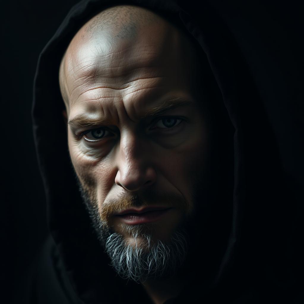 A bald human with a sparse beard, wearing a hood that casts shadows over his mysterious face