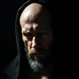 A bald human with a sparse beard, wearing a hood that casts shadows over his mysterious face