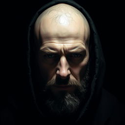 A bald human with a sparse beard, wearing a hood that casts shadows over his mysterious face