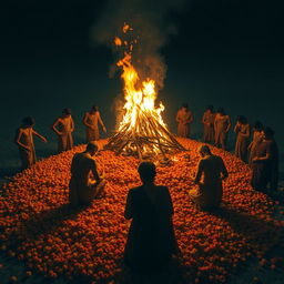 An evocative scene depicting the cremation of Pandu, set amidst an elaborate bed of marigold flowers that are gently ablaze