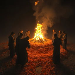 An evocative scene depicting the cremation of Pandu, set amidst an elaborate bed of marigold flowers that are gently ablaze