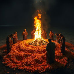 An evocative scene depicting the cremation of Pandu, set amidst an elaborate bed of marigold flowers that are gently ablaze