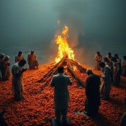 An evocative scene depicting the cremation of Pandu, set amidst an elaborate bed of marigold flowers that are gently ablaze