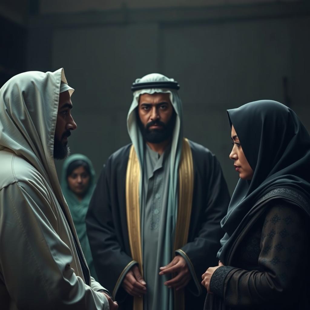 A solemn and culturally detailed scene featuring Sheik Al-Ma'dhun officiating a divorce between a tall, thin, brown-skinned man and his wife, who is wearing a hijab