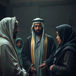 A solemn and culturally detailed scene featuring Sheik Al-Ma'dhun officiating a divorce between a tall, thin, brown-skinned man and his wife, who is wearing a hijab