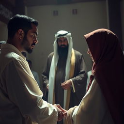 A solemn and culturally detailed scene featuring Sheik Al-Ma'dhun officiating a divorce between a tall, thin, brown-skinned man and his wife, who is wearing a hijab