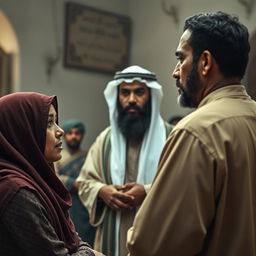 A solemn and culturally detailed scene featuring Sheik Al-Ma'dhun officiating a divorce between a tall, thin, brown-skinned man and his wife, who is wearing a hijab