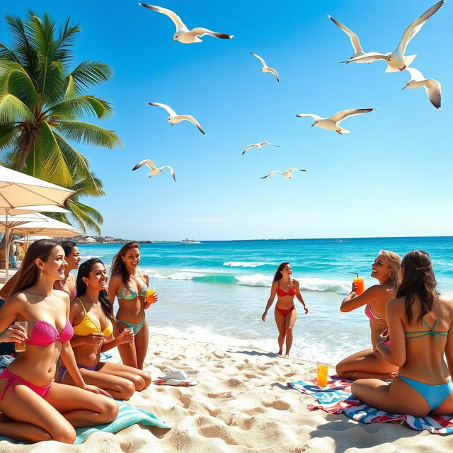 A picturesque beach setting with a group of diverse women in colorful bikinis, enjoying a sunny day