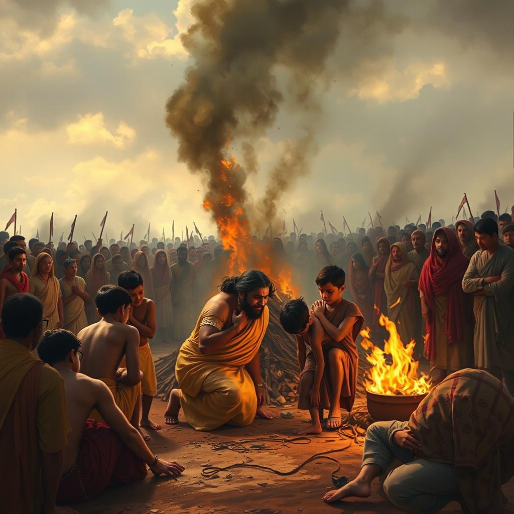 A poignant depiction of Pandu's cremation ceremony, capturing a heart-wrenching scene