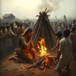 A poignant depiction of Pandu's cremation ceremony, capturing a heart-wrenching scene