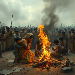 A poignant depiction of Pandu's cremation ceremony, capturing a heart-wrenching scene