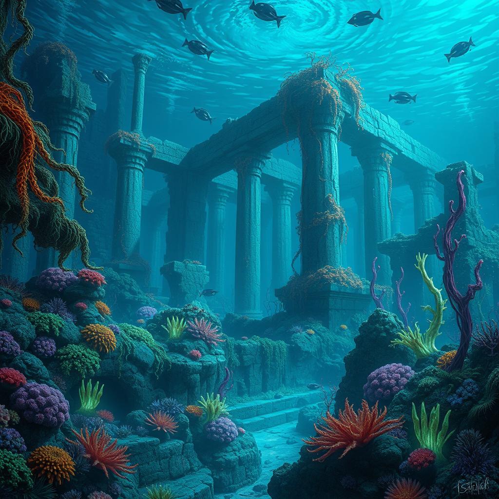 An ancient, submerged city of stone ruins covered in vibrant coral and seaweed