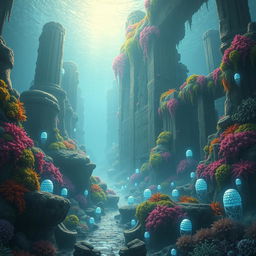 An ancient, submerged city of stone ruins covered in vibrant coral and seaweed