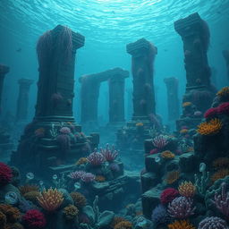 An ancient, submerged city of stone ruins covered in vibrant coral and seaweed