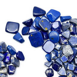 A pile of Lapis Lazuli crystals, featuring both polished and raw forms, beautifully displayed on a pristine white backdrop