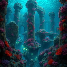 An ancient, submerged city of stone ruins covered in vibrant coral and seaweed