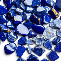 A pile of Lapis Lazuli crystals, featuring both polished and raw forms, beautifully displayed on a pristine white backdrop