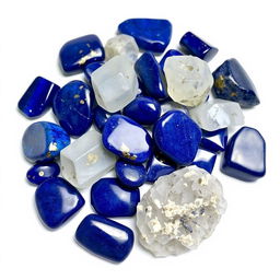 A pile of Lapis Lazuli crystals, featuring both polished and raw forms, beautifully displayed on a pristine white backdrop