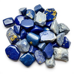 A pile of Lapis Lazuli crystals, featuring both polished and raw forms, beautifully displayed on a pristine white backdrop