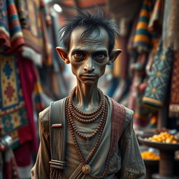 A skinny, worldly human merchant standing amidst a market scene