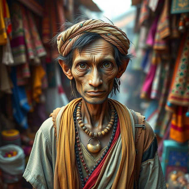 A skinny, worldly human merchant standing amidst a market scene