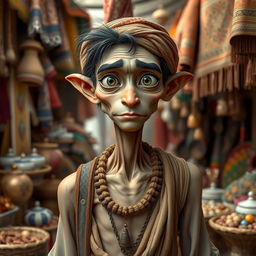 A skinny, worldly human merchant standing amidst a market scene