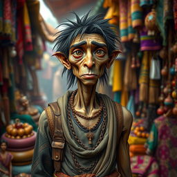 A skinny, worldly human merchant standing amidst a market scene