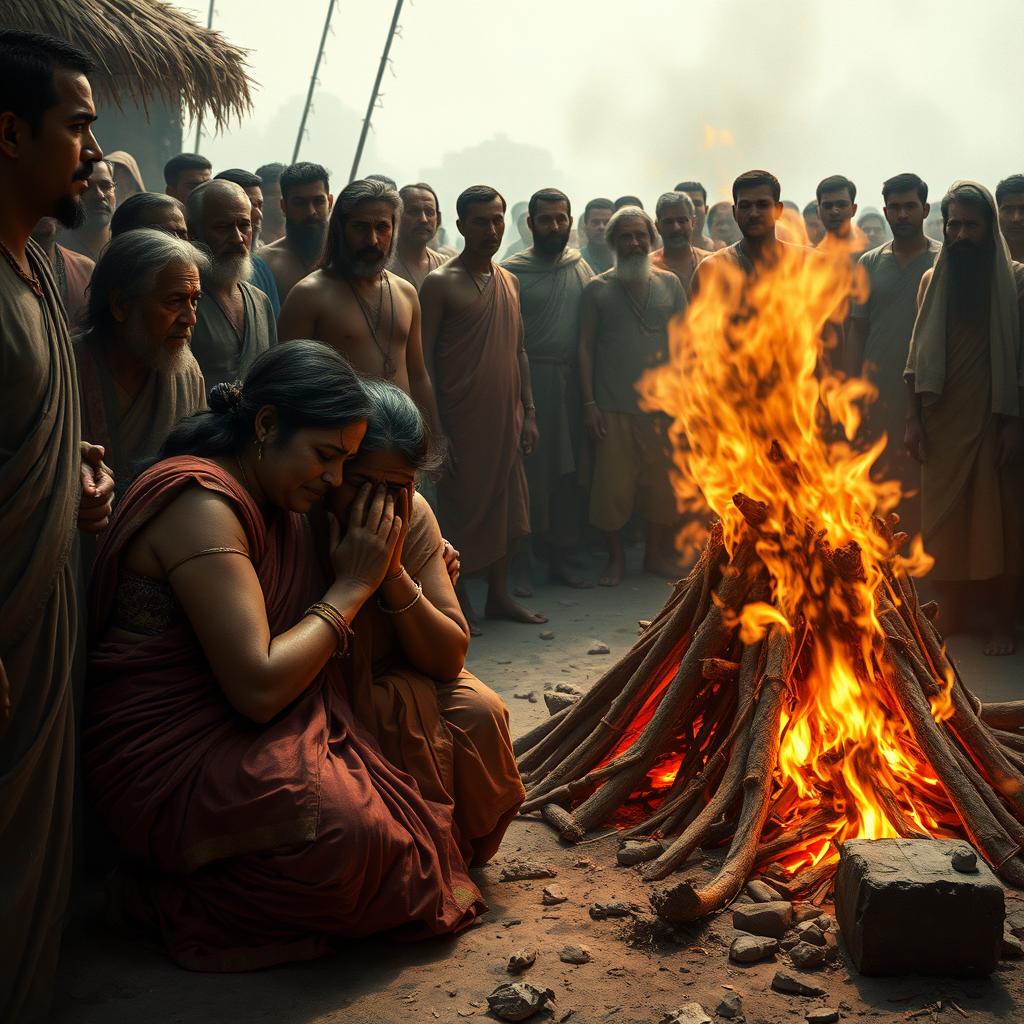 A solemn depiction of Pandu's cremation ceremony, capturing an intensely emotional scene