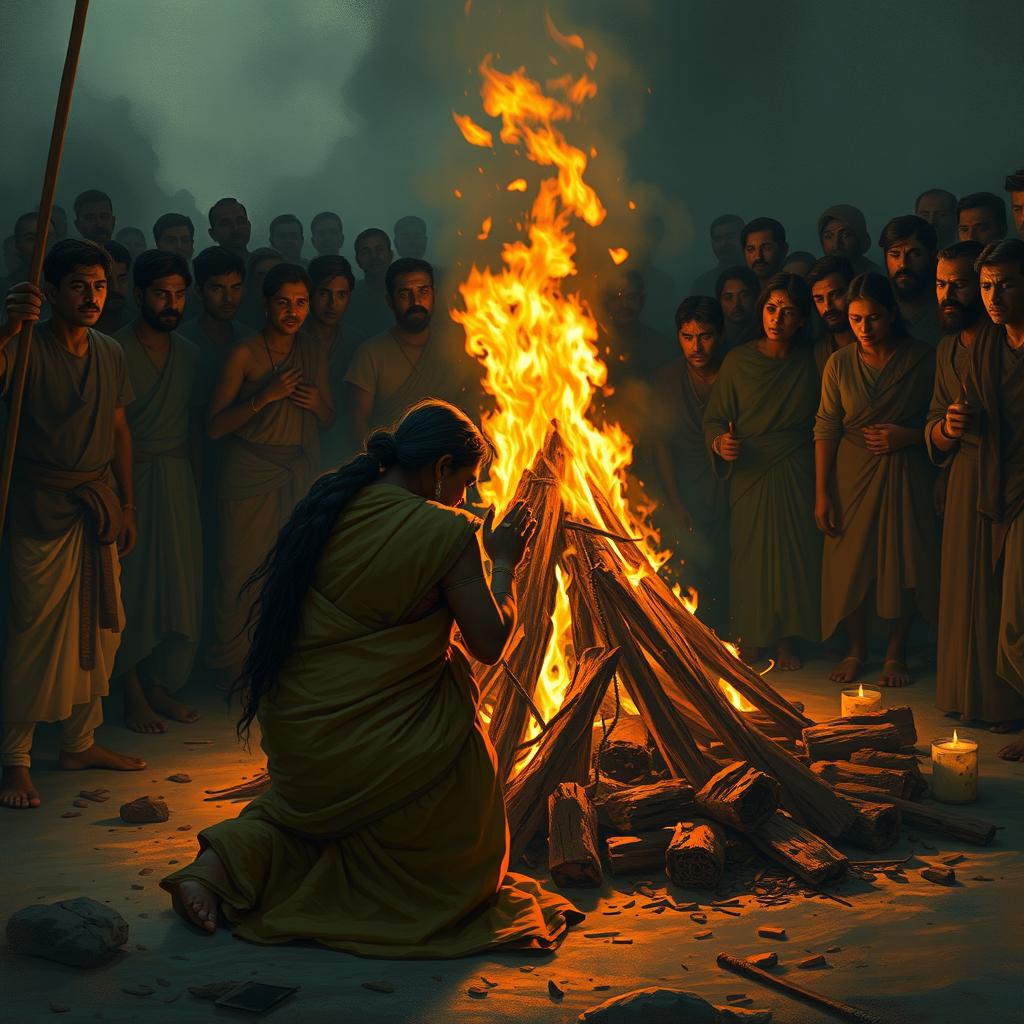 A solemn depiction of Pandu's cremation ceremony, capturing an intensely emotional scene