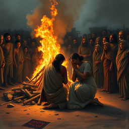 A solemn depiction of Pandu's cremation ceremony, capturing an intensely emotional scene