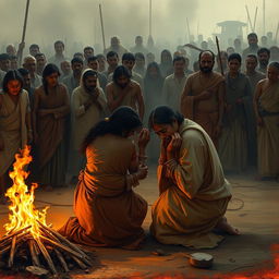 A solemn depiction of Pandu's cremation ceremony, capturing an intensely emotional scene