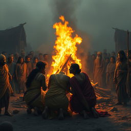 A solemn depiction of Pandu's cremation ceremony, capturing an intensely emotional scene