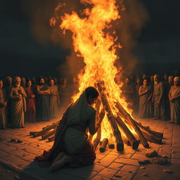 A solemn depiction of Pandu's cremation ceremony, capturing an intensely emotional scene