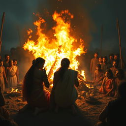 A solemn depiction of Pandu's cremation ceremony, capturing an intensely emotional scene