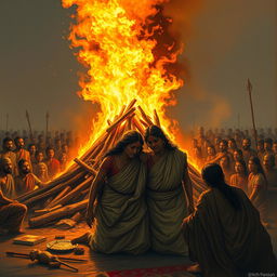 A solemn depiction of Pandu's cremation ceremony, capturing an intensely emotional scene