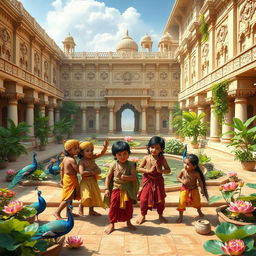 A depiction of the Pandavas and the Kauravas from the Indian epic Mahabharata during their childhood