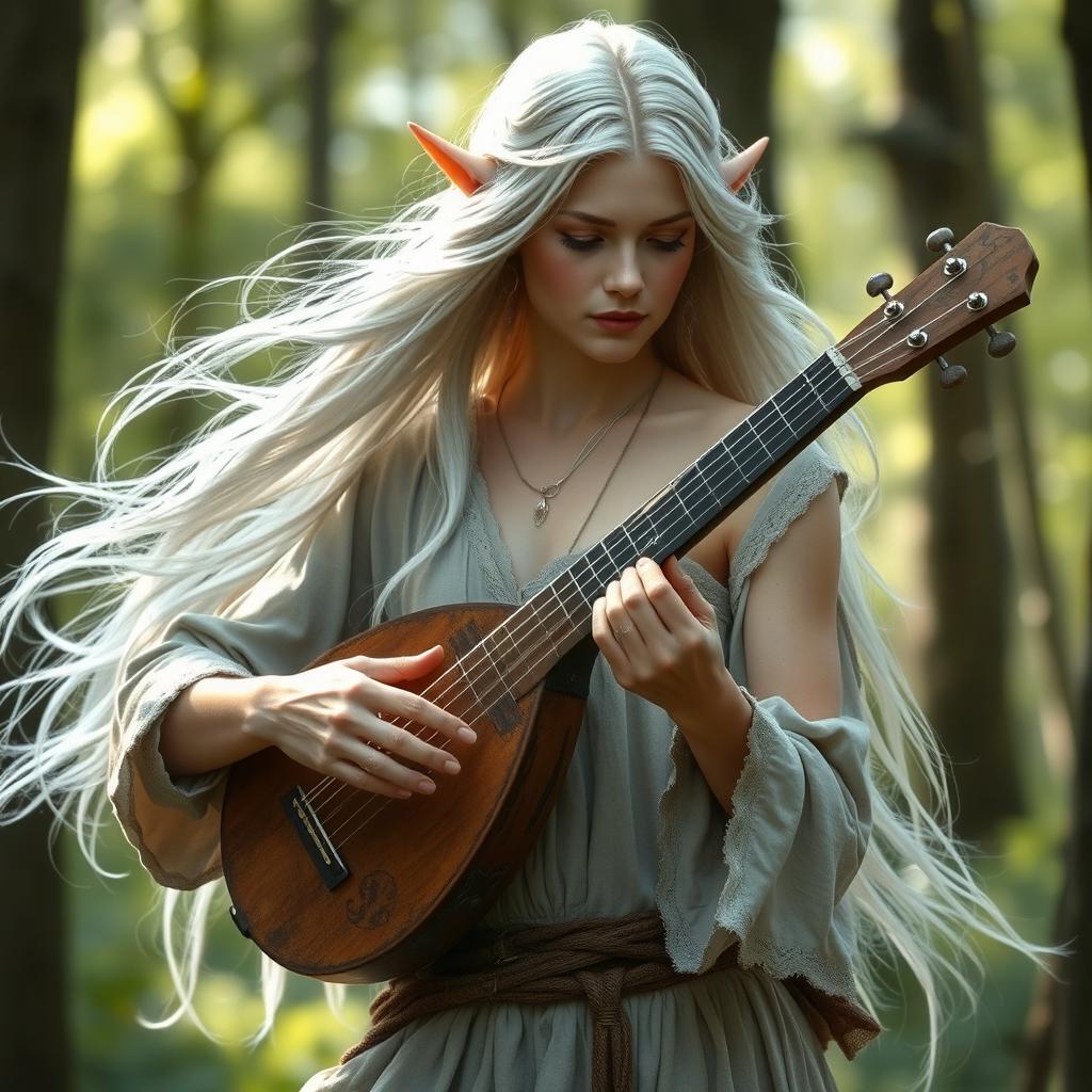 A beautiful and slender elven woman with flowing silver hair, playing a lute gracefully