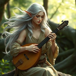 A beautiful and slender elven woman with flowing silver hair, playing a lute gracefully