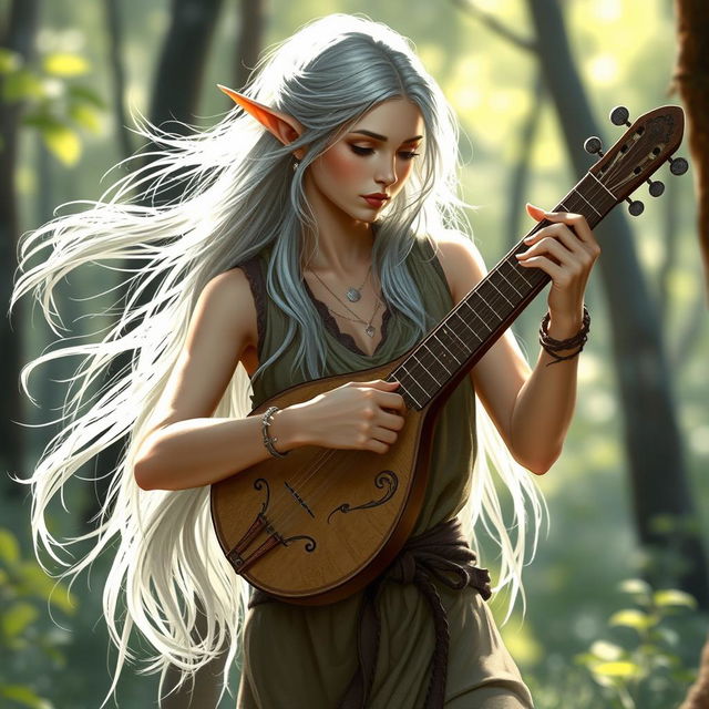 A beautiful and slender elven woman with flowing silver hair, playing a lute gracefully