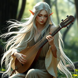 A beautiful and slender elven woman with flowing silver hair, playing a lute gracefully