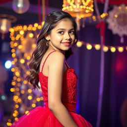 A stunning girl elegantly dressed in a vibrant red dress, capturing the essence of a lively party atmosphere